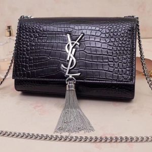 Replica Saint Laurent 474366 Kate Small With Tassel Bags In Black Embossed Crocodile Shiny Leather Silver Hardware