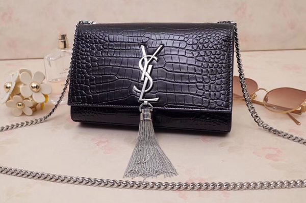 Replica Saint Laurent 474366 Kate Small With Tassel Bags In Black Embossed Crocodile Shiny Leather Silver Hardware