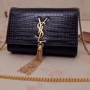 Replica Saint Laurent 474366 Kate Small With Tassel Bags In Black Embossed Crocodile Shiny Leather Gold Hardware