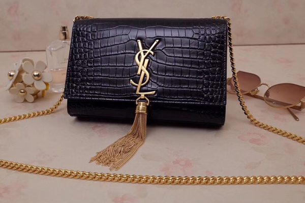 Replica Saint Laurent 474366 Kate Small With Tassel Bags In Black Embossed Crocodile Shiny Leather Gold Hardware