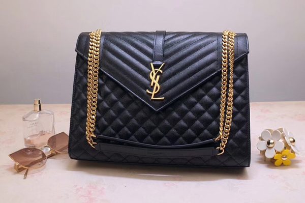 Replica Saint Laurent YSL 487198 Envelope Large Bag In Black Mix Matelasse Grain De Poudre Embossed Leather Gold Hardware