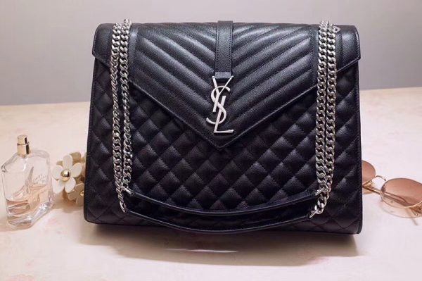 Replica Saint Laurent YSL 487198 Envelope Large Bag In Black Mix Matelasse Grain De Poudre Embossed Leather Silver Hardware