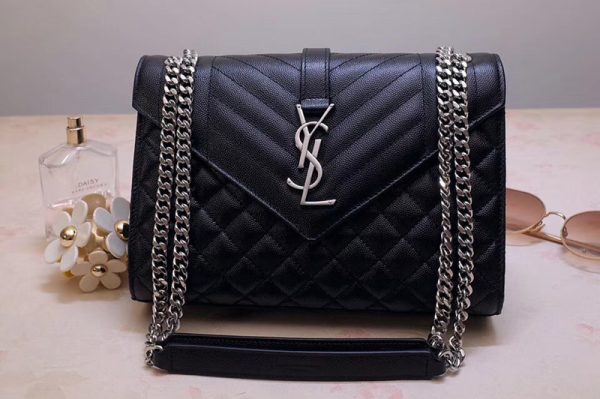 Replica Saint Laurent YSL 487206 Envelope Medium Bag In Black Mix Matelasse Grain De Poudre Embossed Leather Silver Hardware