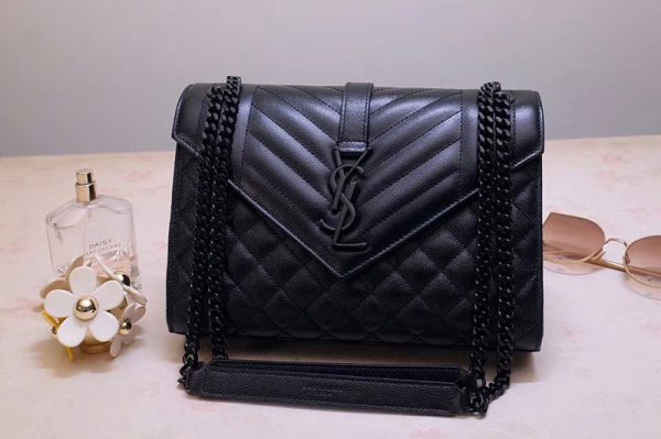 Replica Saint Laurent YSL 487206 Envelope Medium Bag In Black Mix Matelasse Grain De Poudre Embossed Leather Black Hardware