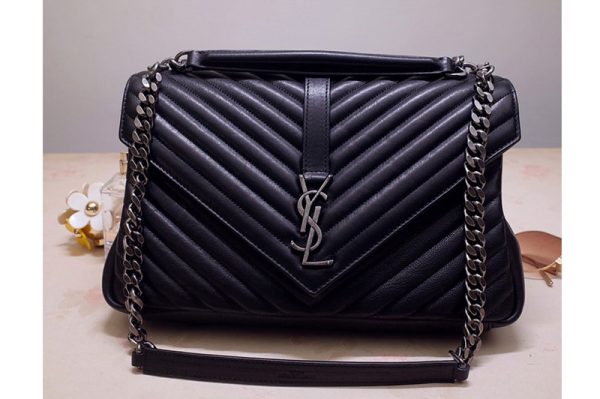 Replica Saint Laurent 487212 YSL COLLEGE LARGE IN Black MATELASSÉ LEATHER With Silver Hardware