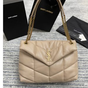 Replica Saint Laurent 577475 YSL Loulou Puffer Medium Bag in Beige Quilted Lambskin Leather Gold Hardware