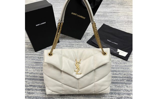 Replica Saint Laurent 577475 YSL Loulou Puffer Medium Bag in White Quilted Lambskin Leather Gold Hardware