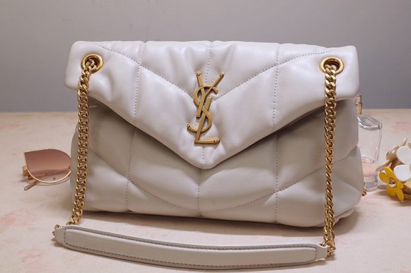 Replica Saint Laurent 577476 YSL LOULOU PUFFER SMALL BAG IN White QUILTED LAMBSKIN With Gold Hardware