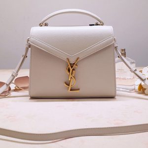 Replica Saint Laurent 602716 YSL Cassandra Mini Top handle bag In White Grain de Poudre Embossed Leather