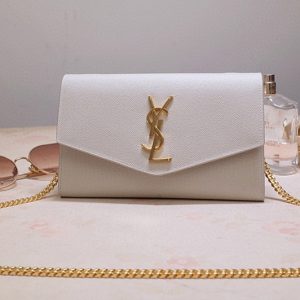 Replica Saint Laurent 607788 YSL Uptown Chain Wallet In White Grain de Poudre Embossed Leather