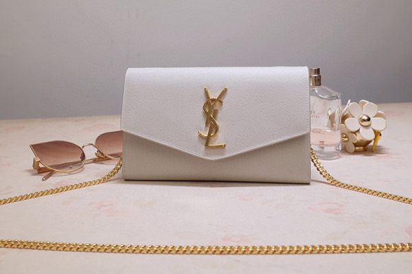 Replica Saint Laurent 607788 YSL Uptown Chain Wallet In White Grain de Poudre Embossed Leather