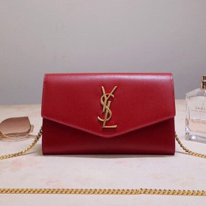 Replica Saint Laurent 607788 YSL Uptown Chain Wallet In Red Grain de Poudre Embossed Leather