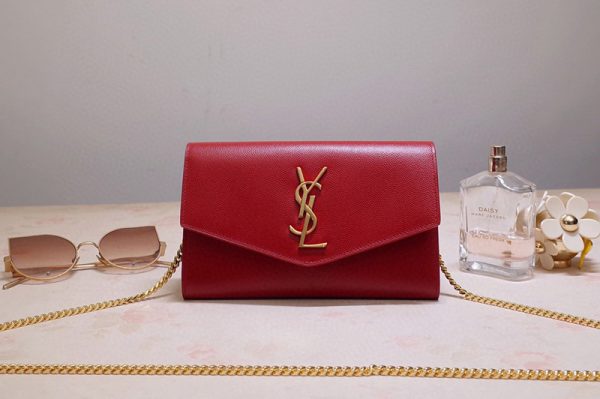 Replica Saint Laurent 607788 YSL Uptown Chain Wallet In Red Grain de Poudre Embossed Leather