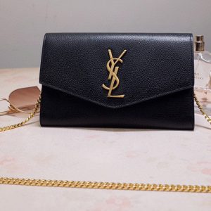 Replica Saint Laurent 607788 YSL Uptown Chain Wallet In Black Grain de Poudre Embossed Leather