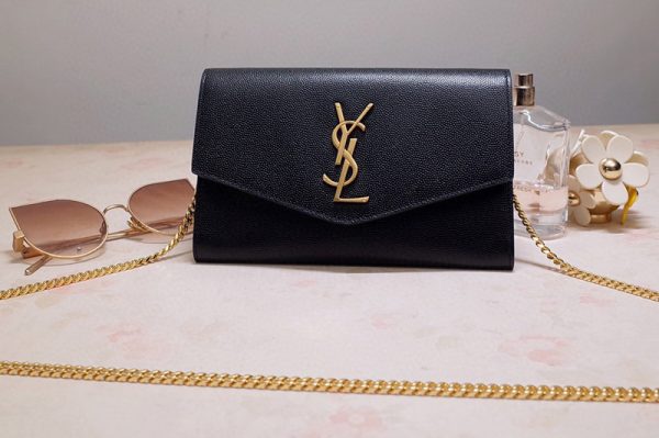 Replica Saint Laurent 607788 YSL Uptown Chain Wallet In Black Grain de Poudre Embossed Leather