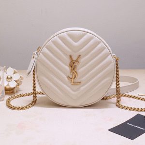 Replica Saint Laurent 6104361 YSL Vinyle Round Camera Bags in White Chevron-Quilted Grain de Poudre Embossed Leather