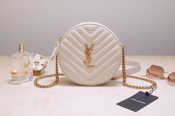 Replica Saint Laurent 6104361 YSL Vinyle Round Camera Bags in White Chevron-Quilted Grain de Poudre Embossed Leather