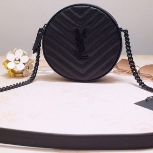 Replica Saint Laurent 6104361 YSL Vinyle Round Camera Bags in Black Chevron-Quilted Grain de Poudre Embossed Leather with black chain