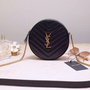 Replica Saint Laurent 6104361 YSL Vinyle Round Camera Bags in Black Chevron-Quilted Grain de Poudre Embossed Leather with Gold chain