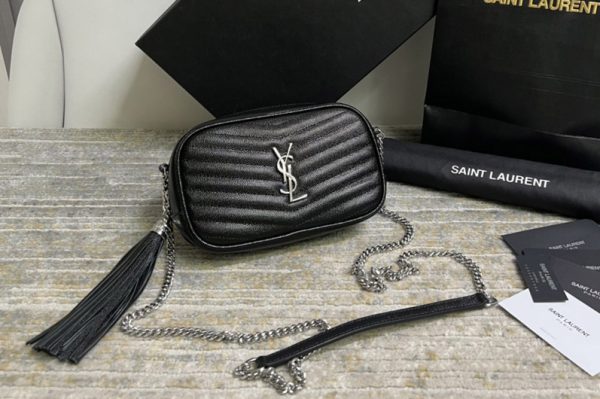 Replica Saint Laurent 612579 YSL LOU MINI BAG IN Black QUILTED GRAIN DE POUDRE EMBOSSED LEATHER