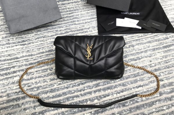 Replica Saint Laurent 620333 YSL Puffer Mini Bag in Black Quilted Lambskin Leather With Gold Chain