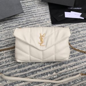 Replica Saint Laurent 620333 YSL Puffer Mini Bag in White Quilted Lambskin Leather With Gold Chain