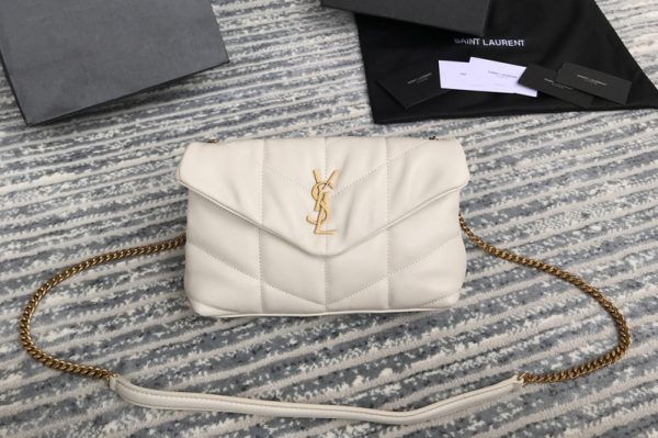 Replica Saint Laurent 620333 YSL Puffer Mini Bag in White Quilted Lambskin Leather With Gold Chain