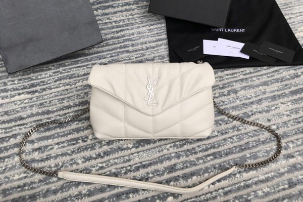 Replica Saint Laurent 620333 YSL Puffer Mini Bag in White Quilted Lambskin Leather With Silver Chain