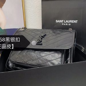 Replica Saint Laurent 633158 YSL niki mediu bag in Black vintage crinkled leather