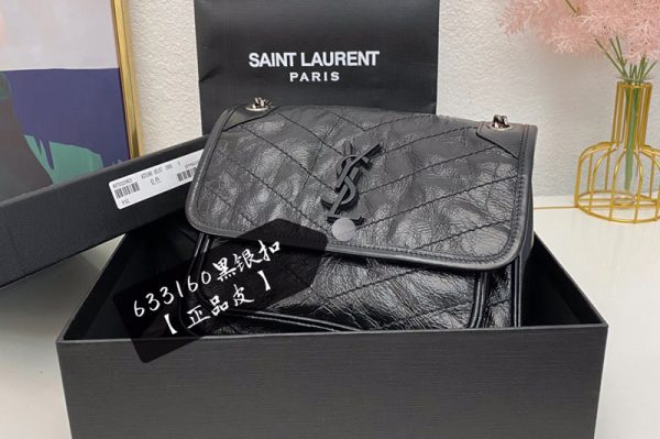 Replica Saint Laurent 633160 YSL niki Baby bag in Black vintage crinkled leather