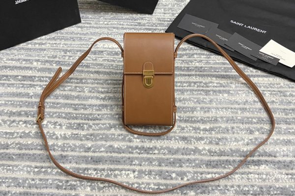 Replica Saint Laurent 667718 YSL TUC PHONE POUCH WITH STRAP IN Tan SUPPLE CALFSKIN