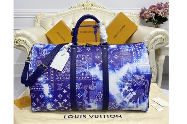 Replica Louis Vuitton M20558 LV Keepall Bandoulière 50 soft travel bag in Blue cowhide leather