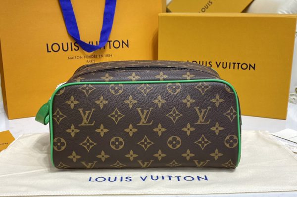 Replica Louis Vuitton M46253 LV Dopp Kit Toilet Pouch in Monogram Macassar coated canvas With Green