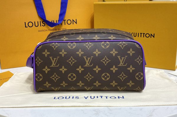 Replica Louis Vuitton M46253 LV Dopp Kit Toilet Pouch in Monogram Macassar coated canvas With Purple