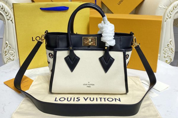 Replica Louis Vuitton M59908 LV On My Side PM Tote Bag canvas with Black smooth leather