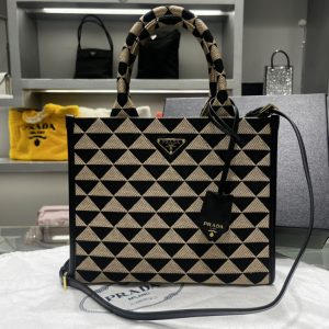 Replica Prada 1BA354 Small Prada Symbole jacquard fabric handbag in Black/Beige Fabric/Leather