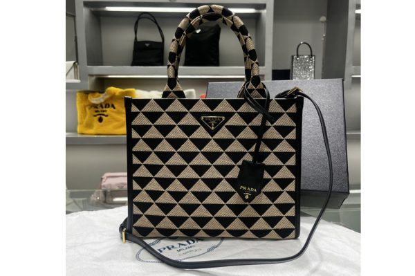 Replica Prada 1BA354 Small Prada Symbole jacquard fabric handbag in Black/Beige Fabric/Leather