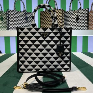 Replica Prada 1BA354 Small Prada Symbole jacquard fabric handbag in Black/White