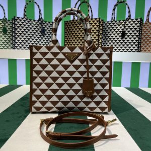 Replica Prada 1BA354 Small Prada Symbole jacquard fabric handbag in Brown/White