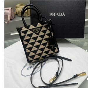 Replica Prada 1BA355 Prada Symbole jacquard fabric micro bag in Black/Beige Fabric/Leather