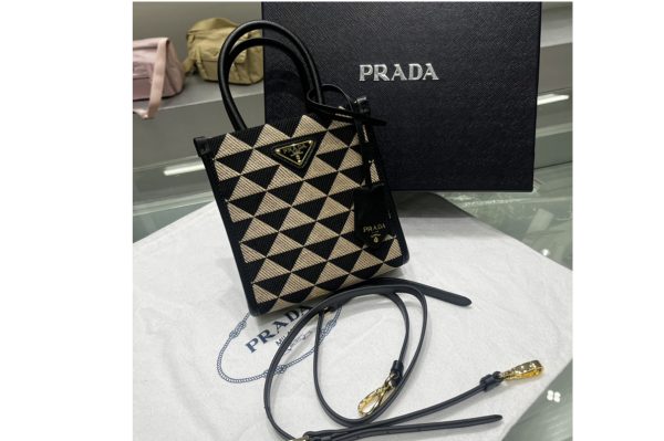 Replica Prada 1BA355 Prada Symbole jacquard fabric micro bag in Black/Beige Fabric/Leather