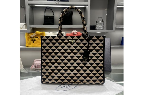 Replica Prada 1BA356 Large Prada Symbole jacquard fabric handbag in Black/Beige Fabric/Leather