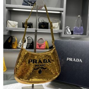 Replica Prada 1BC169 Prada Cleo sequined bag in Black/Gold Fabric/Leather