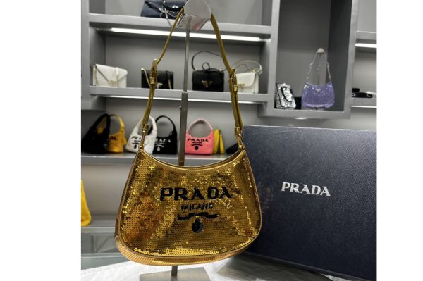 Replica Prada 1BC169 Prada Cleo sequined bag in Black/Gold Fabric/Leather