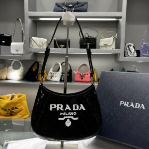 Replica Prada 1BC169 Prada Cleo sequined bag in Black/White Fabric/Leather