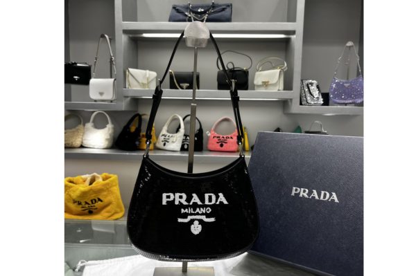 Replica Prada 1BC169 Prada Cleo sequined bag in Black/White Fabric/Leather