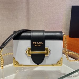 Replica Prada 1BH018 Leather Prada Cahier Bag in White/Black Leather