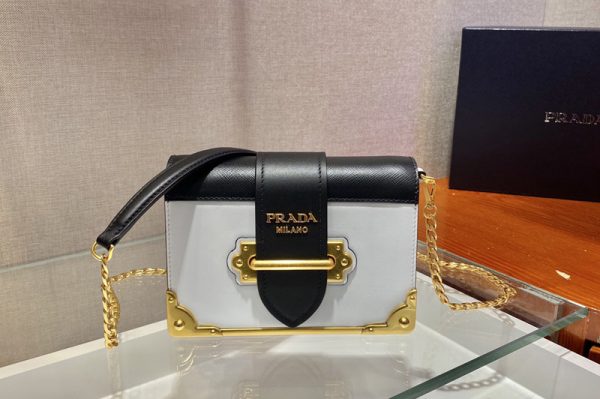 Replica Prada 1BH018 Leather Prada Cahier Bag in White/Black Leather