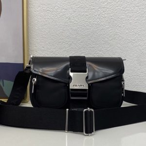 Replica Prada 1BD295 Pocket nylon and brushed leather bag in Black nylon and brushed leather