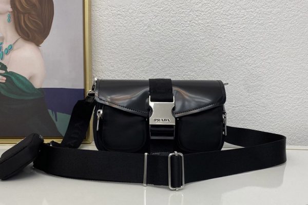 Replica Prada 1BD295 Pocket nylon and brushed leather bag in Black nylon and brushed leather